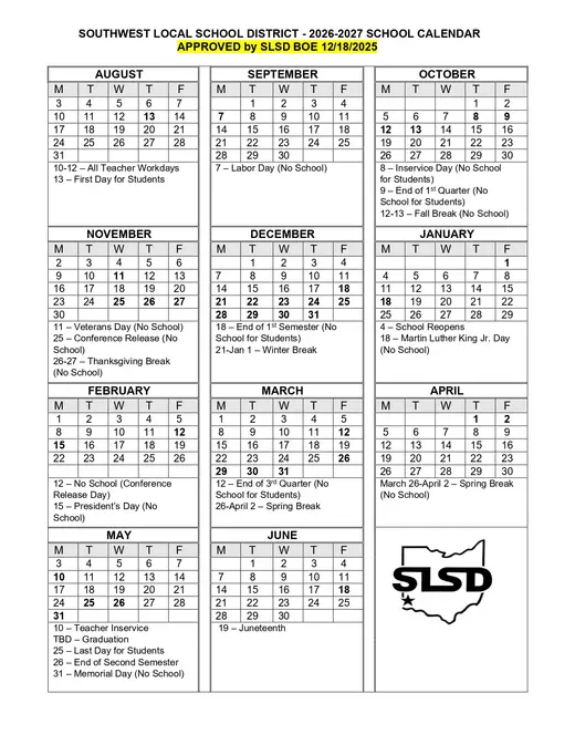 Southwest Local School District 2026–2027 Academic Calendar