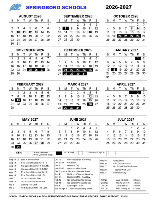 Springboro Community City Schools 2026–2027 Academic Calendar