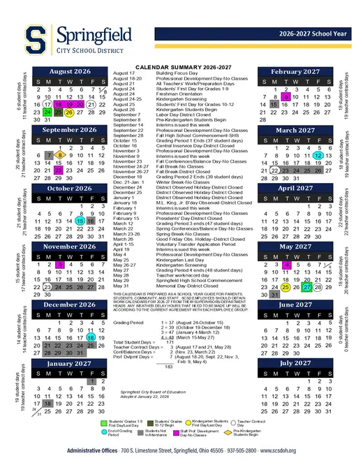 Springfield City School District 2026–2027 Academic Calendar