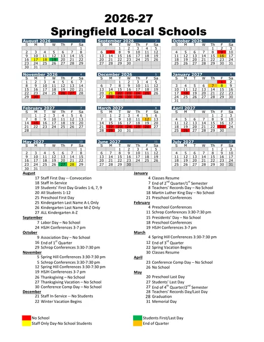 Springfield Local Schools 2026–2027 Academic Calendar