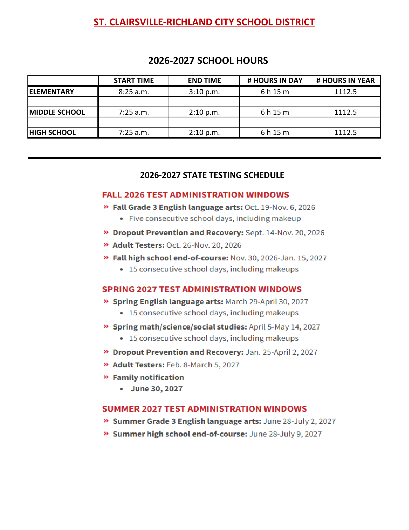 St. Clairsville-Richland City School District 2026–2027 Academic Calendar Page 2