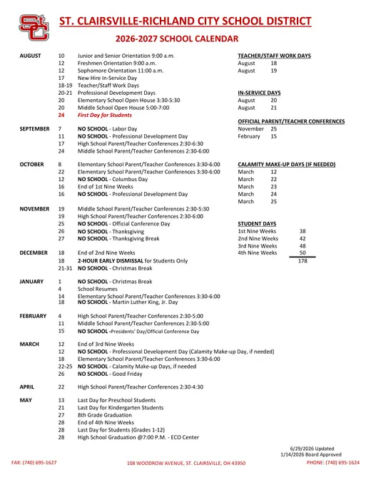 St. Clairsville-Richland City School District 2026–2027 Academic Calendar Page 1