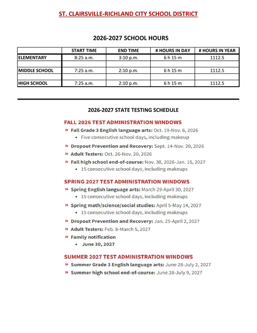St. Clairsville-Richland City School District 2026–2027 Academic Calendar Page 2
