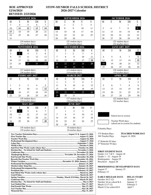 Stow-Munroe Falls City School District 2026–2027 Academic Calendar