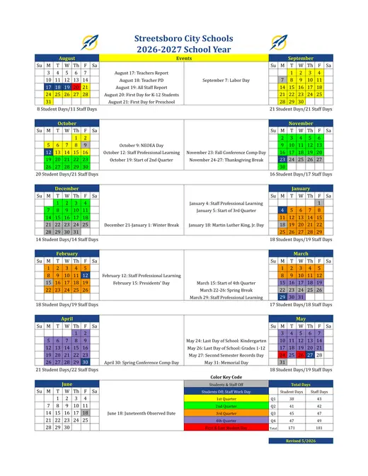 Streetsboro City Schools 2026–2027 Academic Calendar