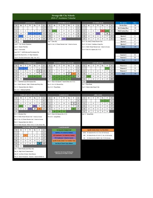 Strongsville City Schools 2026–2027 Academic Calendar