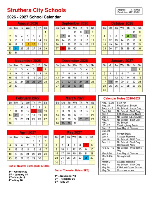 Struthers City Schools 2026–2027 Academic Calendar
