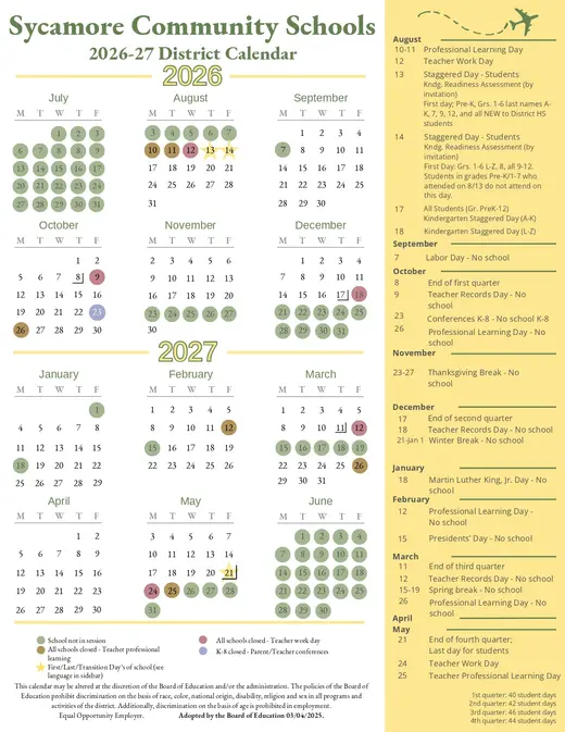 Sycamore Community Schools 2026–2027 Academic Calendar