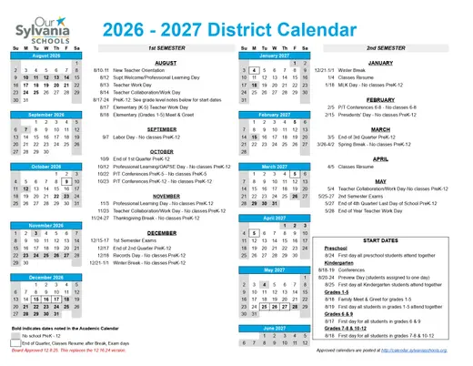 Sylvania Schools 2026–2027 Academic Calendar