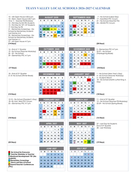 Teays Valley Local Schools 2026–2027 Academic Calendar