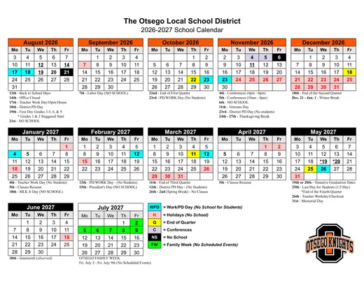 The Otsego Local School District 2026–2027 Academic Calendar