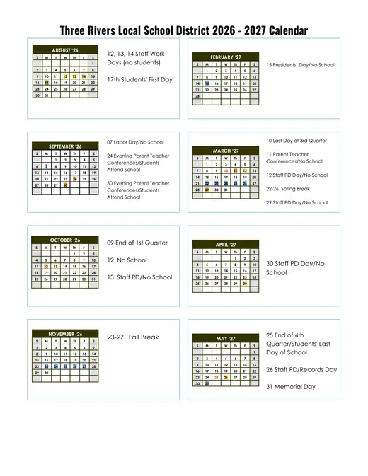 Three Rivers Local School District 2026–2027 Academic Calendar Page 1