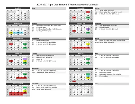 Tipp City Schools 2026–2027 Academic Calendar