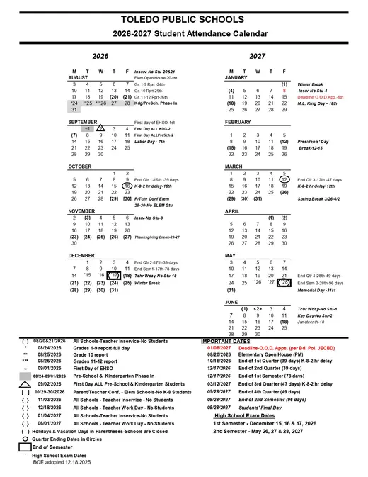 Toledo Public Schools 2026–2027 Academic Calendar