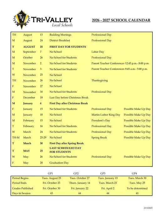 Tri-Valley Local Schools 2026–2027 Academic Calendar