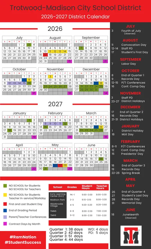Trotwood-Madison City School District 2026–2027 Academic Calendar