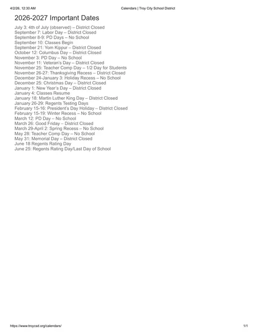 Troy City School District 2026–2027 Academic Calendar