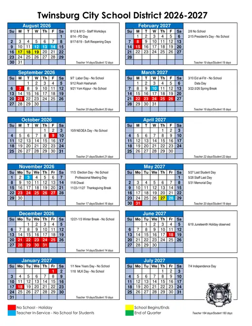 Twinsburg City School District 2026–2027 Academic Calendar
