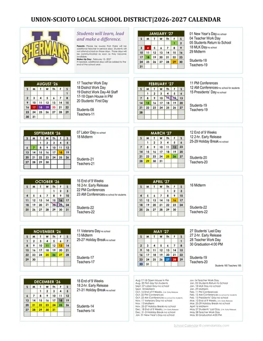 Union-Scioto Local School District 2026–2027 Academic Calendar