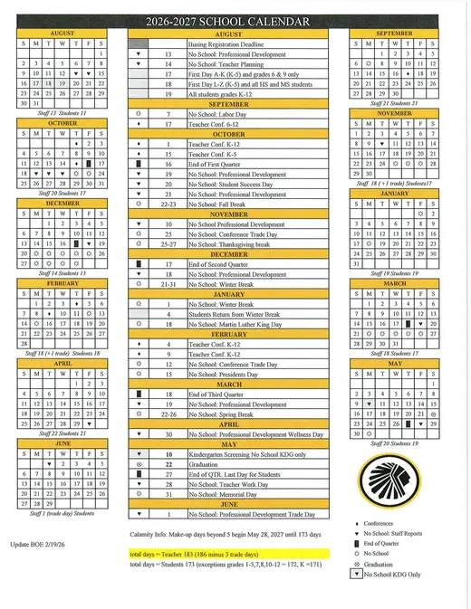 Unknown School District 2026–2027 Academic Calendar