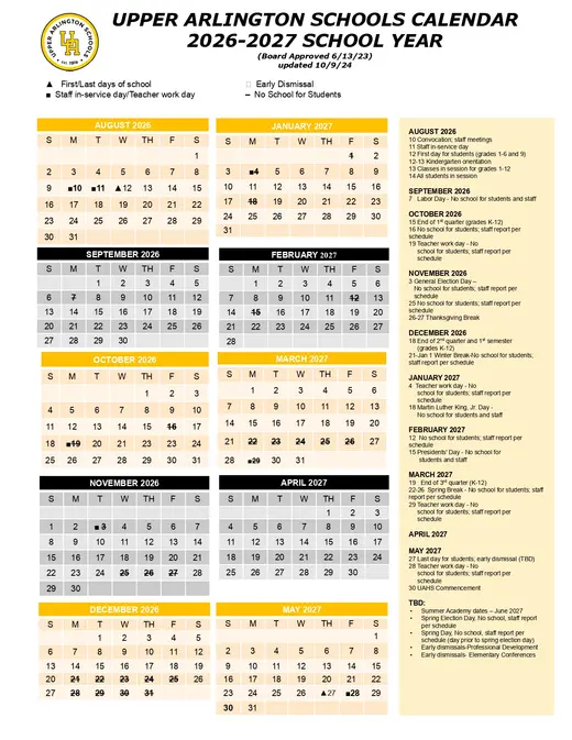 Upper Arlington Schools 2026–2027 Academic Calendar