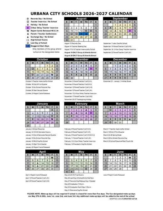 Urbana City Schools 2026–2027 Academic Calendar