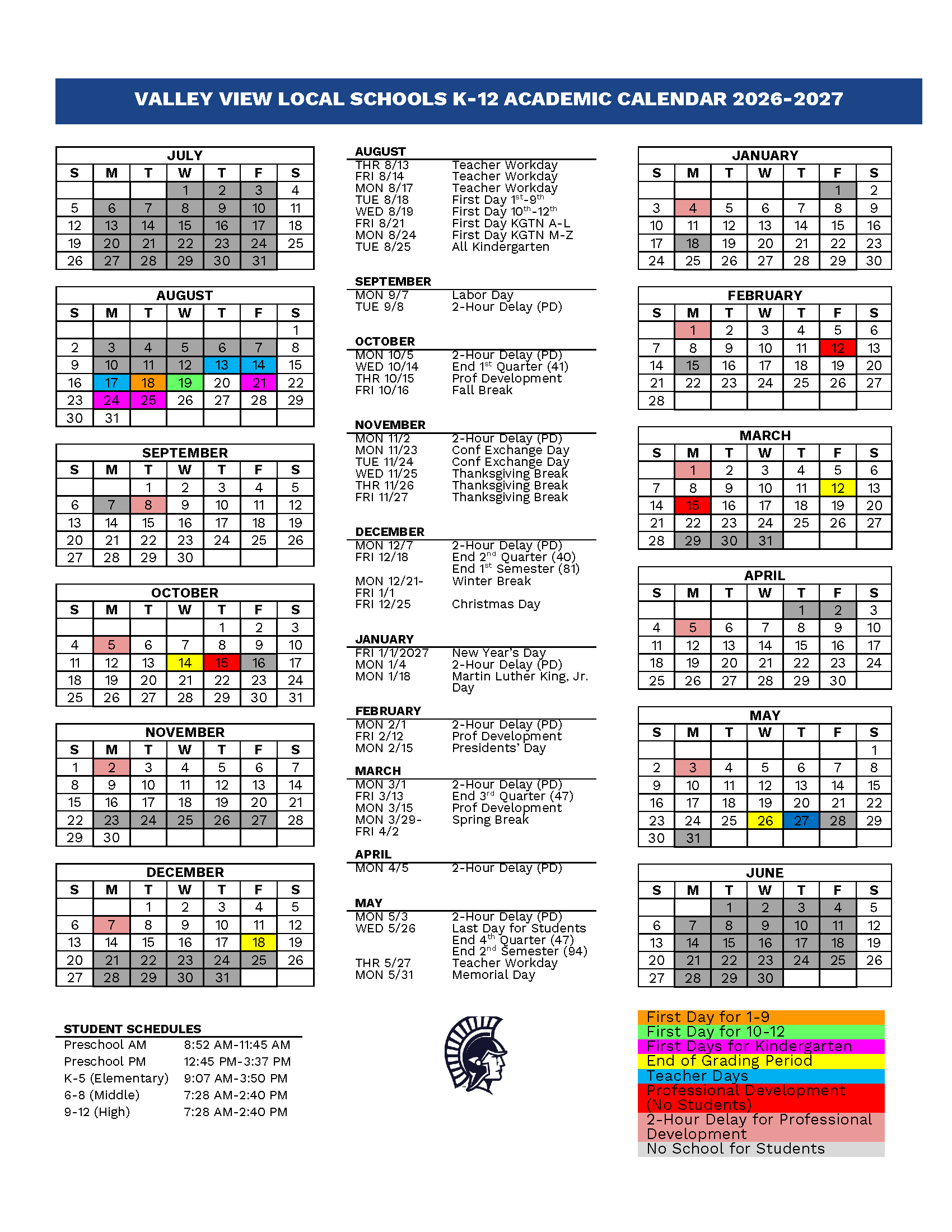 Valley View Local Schools 2026–2027 Academic Calendar Page 2