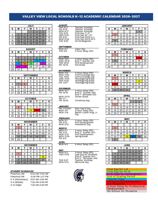 Valley View Local Schools 2026–2027 Academic Calendar Page 2