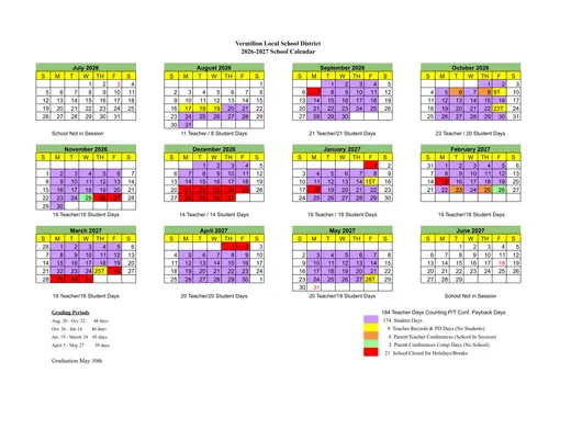 Vermilion Local School District 2026–2027 Academic Calendar