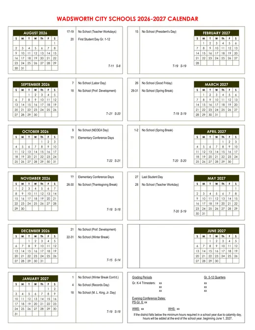 Wadsworth City Schools 2026–2027 Academic Calendar