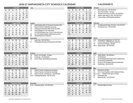 Wapakoneta City Schools 2026–2027 Academic Calendar