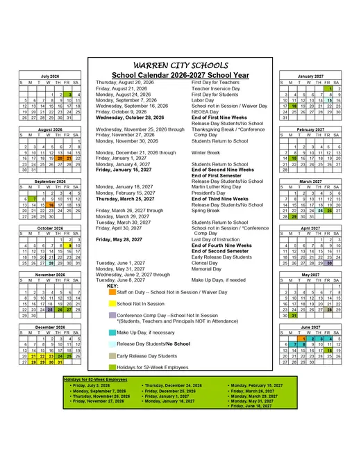 Warren City Schools 2026–2027 Academic Calendar