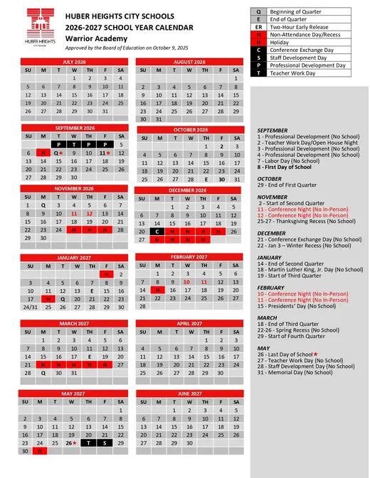 Warrior Academy 2026–2027 Academic Calendar