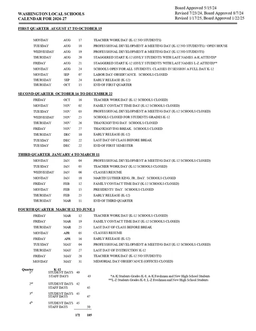 Washington Local Schools 2026–2027 Academic Calendar Page 1