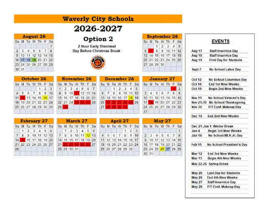 Waverly City Schools 2026–2027 Academic Calendar