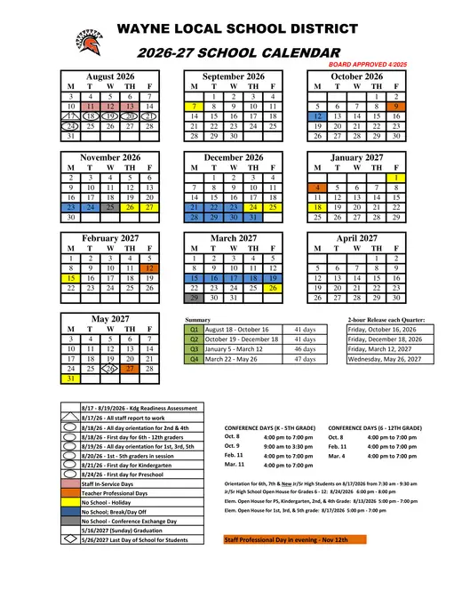 Wayne Local School District 2026–2027 Academic Calendar