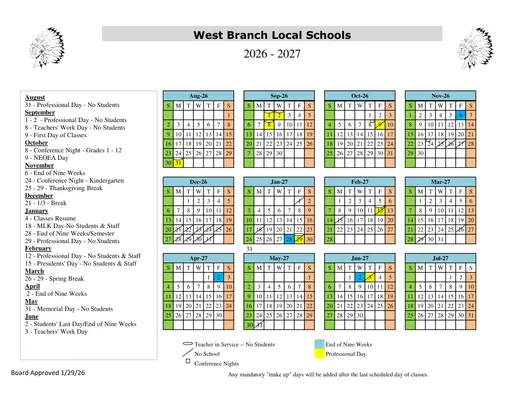 West Branch Local Schools 2026–2027 Academic Calendar