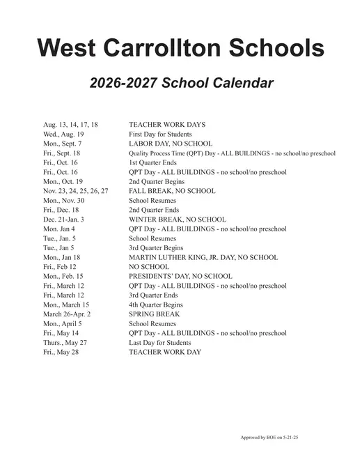 West Carrollton Schools 2026–2027 Academic Calendar