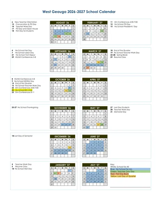 West Geauga 2026–2027 Academic Calendar