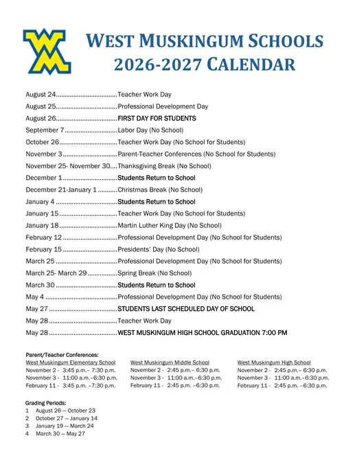 West Muskingum Schools 2026–2027 Academic Calendar