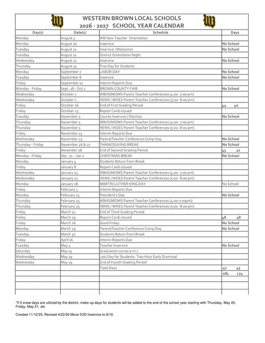 Western Brown Local Schools 2026–2027 Academic Calendar