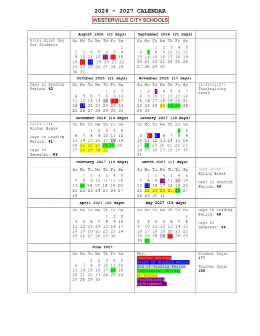 Westerville City Schools 2026–2027 Academic Calendar