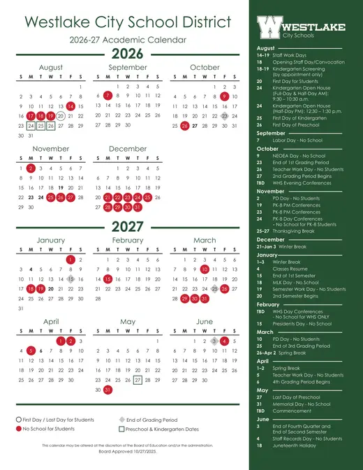 Westlake City School District 2026–2027 Academic Calendar