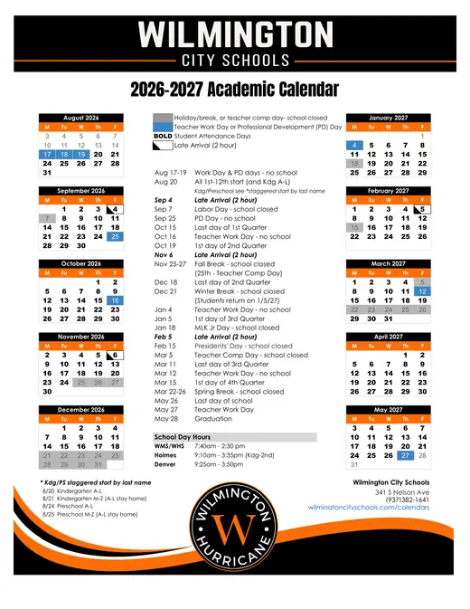 Wilmington City Schools 2026–2027 Academic Calendar