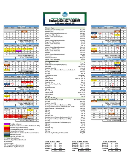 Winton Woods City School District 2026–2027 Academic Calendar