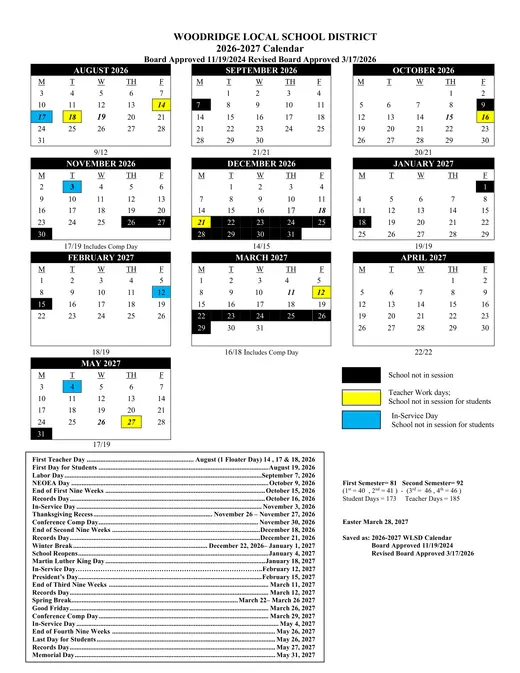 Woodridge Local School District 2026–2027 Academic Calendar