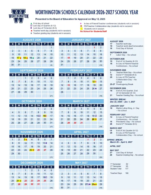 Worthington Schools 2026–2027 Academic Calendar