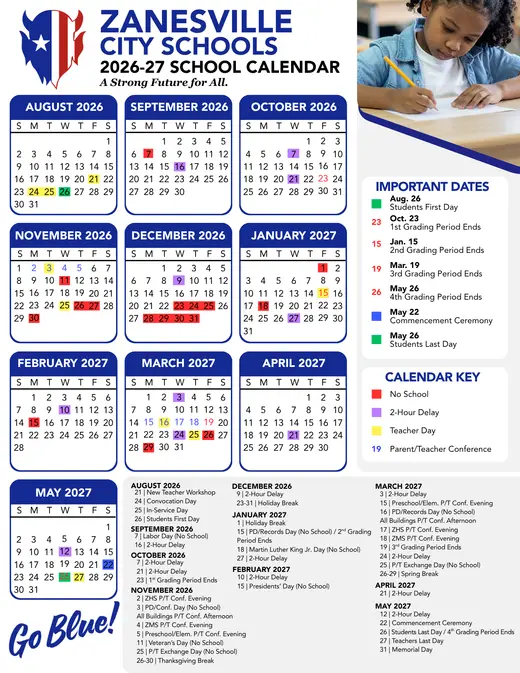 Zanesville City Schools 2026–2027 Academic Calendar Page 1
