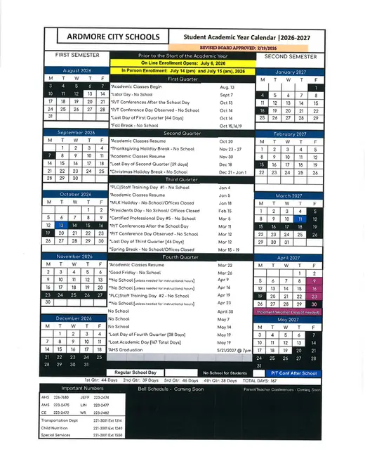 Ardmore City Schools 2026–2027 Academic Calendar