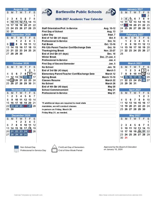 Bartlesville Public Schools 2026–2027 Academic Calendar